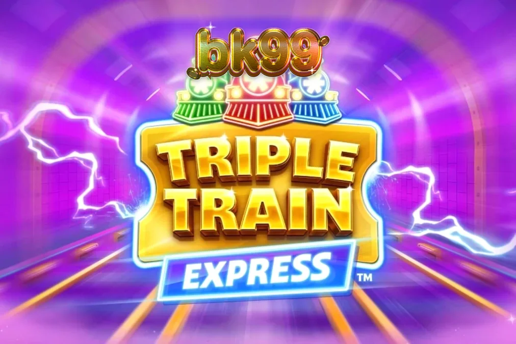 Triple Train Express স্লট গেমের নিয়ন-লাইট এবং সাইবারপাঙ্ক ট্রেনের দৃশ্য